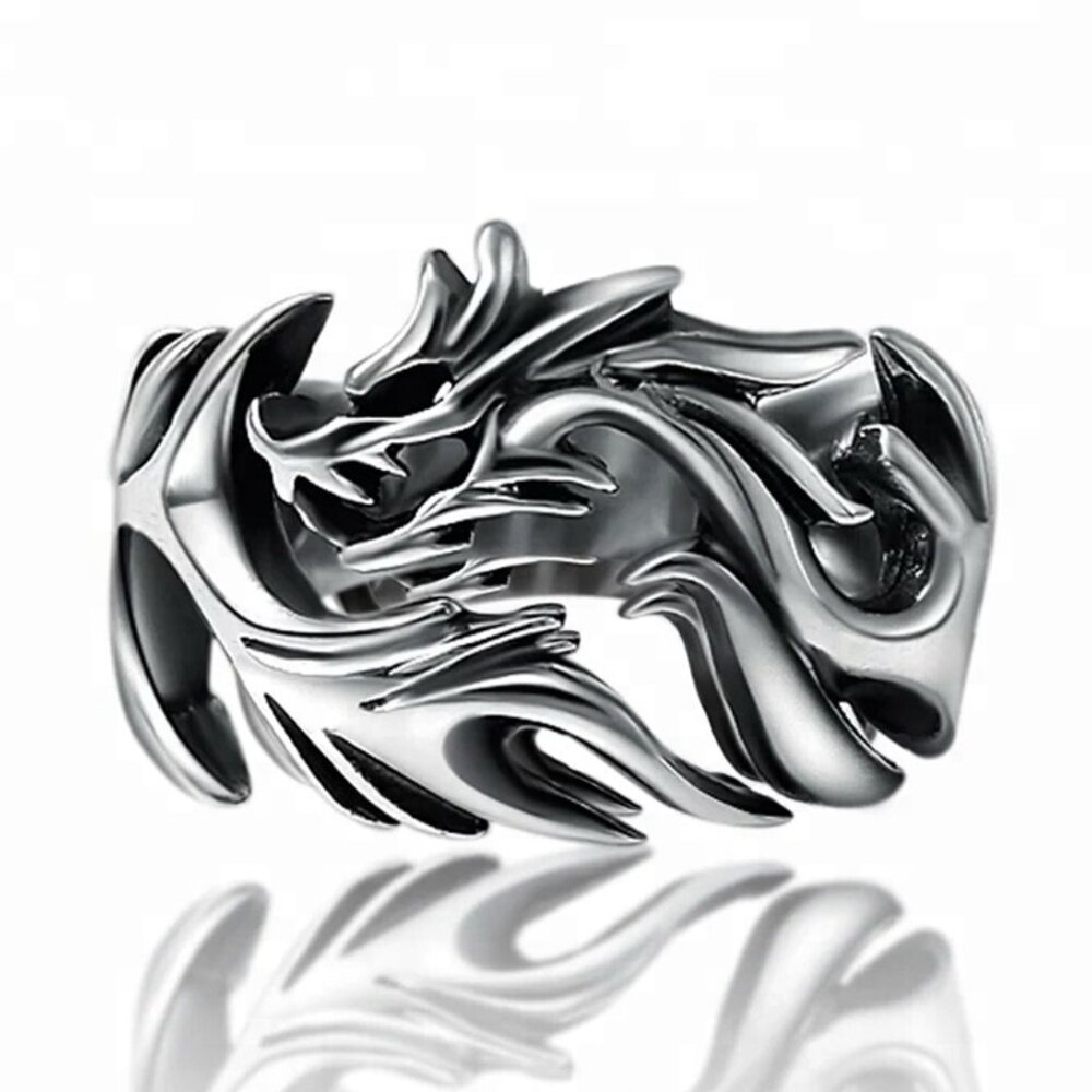 925 Sterling Silver Dragon Carved Adjustable Ring